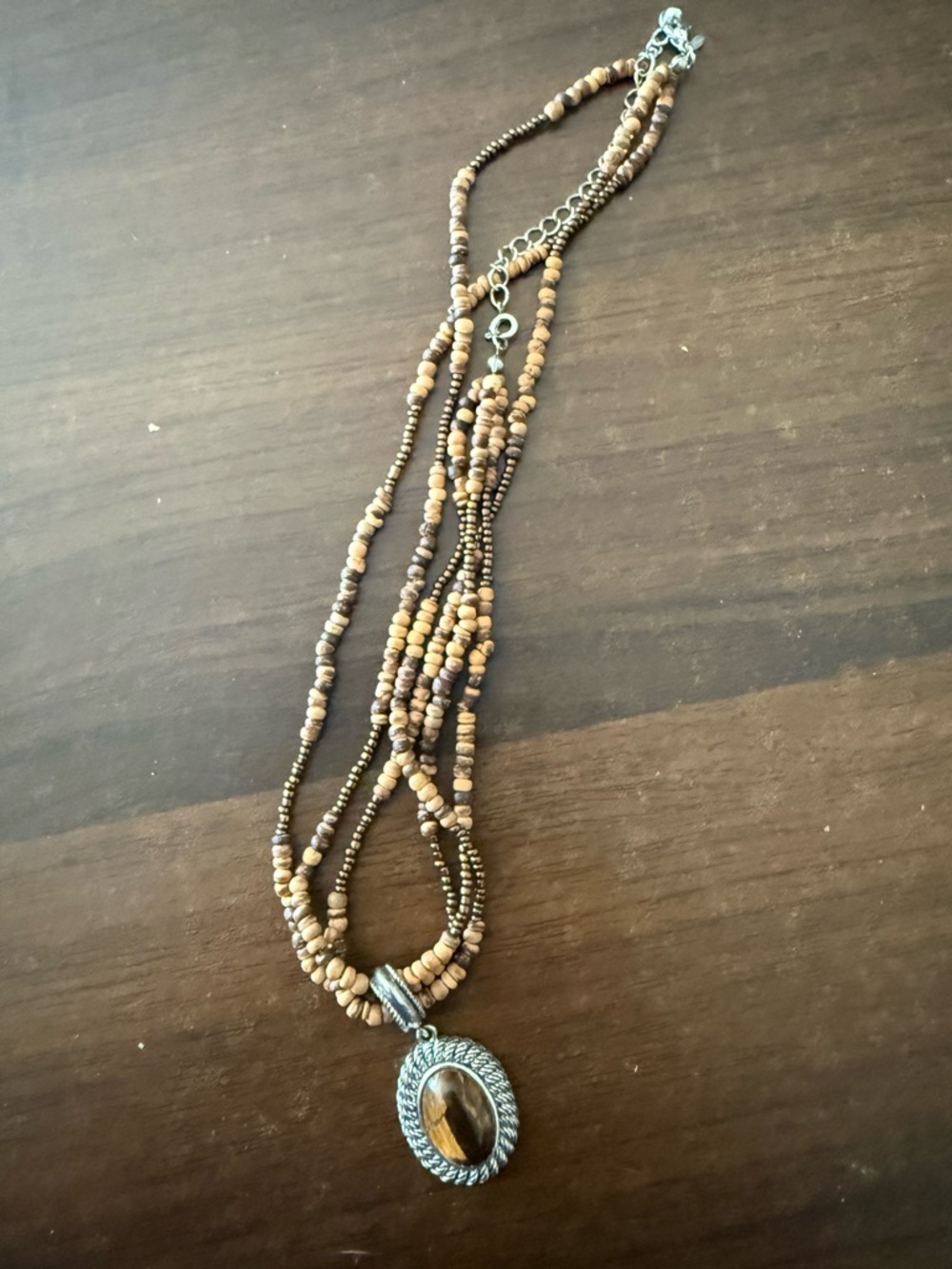 Boho Multi-Strand Brown Bead Necklace with Tiger Eye Pendant